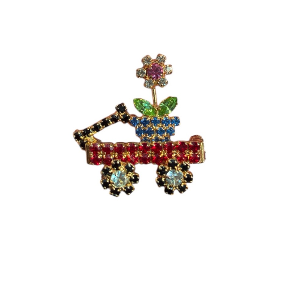 Vintage Ballou Reg’d 130 Years Rhinestone Red Wagon Flower Pin